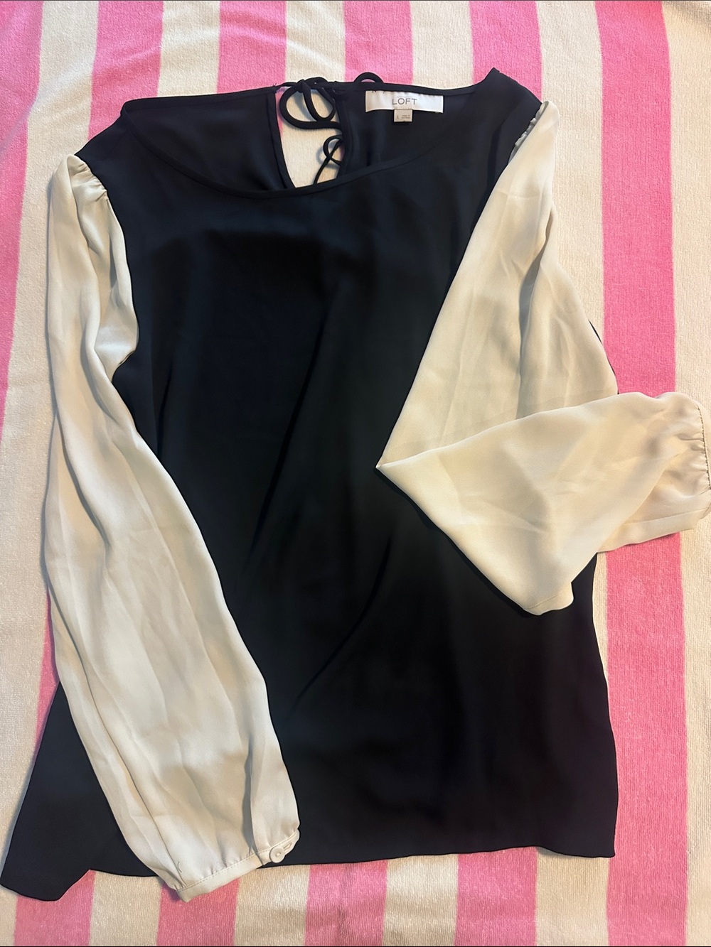 LOFT Black Top with Ivory Contrast Sleeves